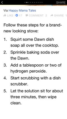 an image of a text message with the words'follow these steps for a brand - new looking stove '