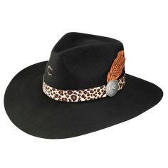 Style number: CWHESK-403607 Black felt hat Leopard hat band with concho Leather feather accent in hat band Heat branded on front 3 3/4 inch brim Made in the USA Charlie Horse Hats Outfit, Charlie Horse Hats, Womens Western Hats, Charlie 1 Horse Hat, Charlie Horse, Hat Bands, Horse Fashion, Boot Companies, Feather Hat