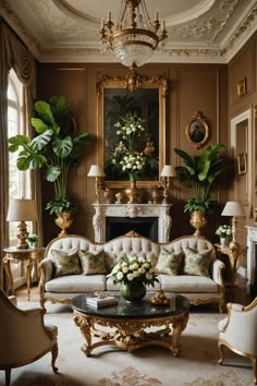 a living room filled with lots of furniture and flowers on top of a coffee table