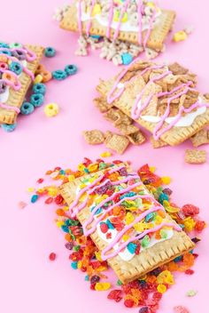 some kind of desert with sprinkles and candy on it's side