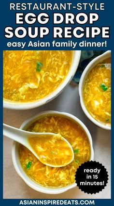 two bowls of soup with spoons in them and the words restaurant style egg drop soup recipe