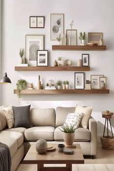 a living room filled with furniture and lots of shelves on the wall above it's couch