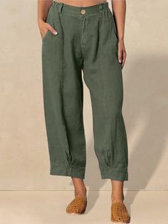 Nina Linen Pocketed Straight-leg Ankle Pants Non-stretch Tapered Leg Cargo Pants, Non-stretch Cargo Pants With Tapered Leg, Solid Non-stretch Tapered Leg Cargo Pants, Non-stretch Capris With Pockets, Spring Cropped Leg Capris With Pockets, Casual Non-stretch Cropped Capris, Baggy Tapered Leg Bottoms In Solid Color, Khaki Solid Color Bottoms For Fall, Solid Color Khaki Bottoms For Fall