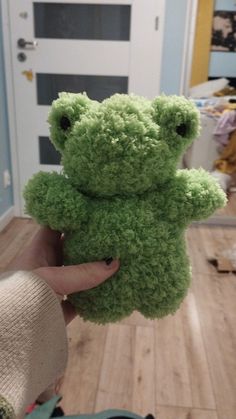 a person holding a green teddy bear in their hand