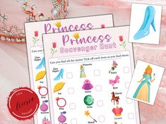 the princess's scavenger hunt is displayed on a pink background with other items