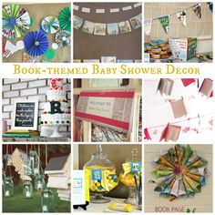 a collage of baby shower decorations and pictures with words above them that read, book - themed baby shower decor