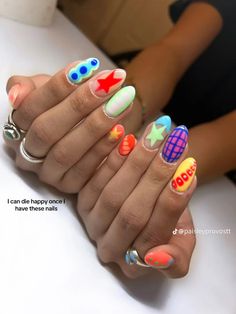 Cute Vibrant Nails, Funky Fun Nail Designs, Muted Tone Nails, Nails With Lots Of Designs, Summer Nail Inspo Multicolor, Bright Fun Summer Nails, Mix Match Nails Summer, Funky Bright Nails, Cute Colorful Nail Designs