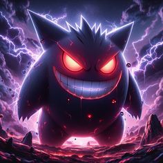 an animated character with glowing red eyes and big teeth in front of a lightning sky