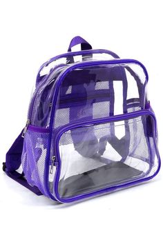 See Thru Clear Bag Backpack School BagHigh quality Transparent materialFaux vegan leatherZip top closureSilver-tone hardwareAdjustable shoulder strapClear bag for stadium (stadium approved)L 11.5 * H 12 * W 4Imported Cheap School Bags With Clear Strap, School Shoulder Bag With Clear Strap, Clear Backpack With Clear Strap For Students, Clear Backpack With Transparent Straps, Clear Backpacks, Clear Bags, Purple Bags, Affordable Clothes, School Backpacks