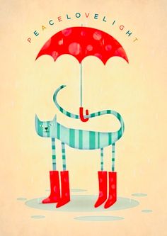 a cat with red boots and an umbrella is standing in the rain