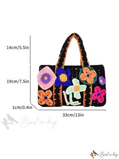 a handbag with flowers on the front and side, measurements for each bag in different colors