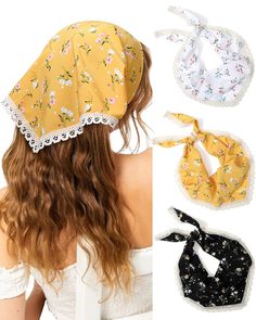 three different styles of hair accessories including a bandana, headbands and scarf