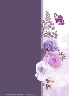 purple flowers and butterflies are on the corner of this wallpaper with an empty space for text