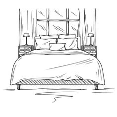 a bed with pillows and two nightstands in front of it, drawn by hand