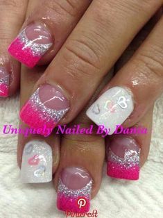 Flare Acrylic Nails, Nails Ideas Valentines Day, February Nails Ideas Valentines Day, Valentines Nail Art Designs, 2019 Nails, Valentines Day Nails, Heart Nail Designs, Nails Gel Nails, Pink Glitter Nails