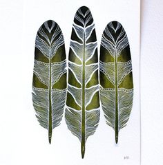 three green and white feathers are shown in this drawing