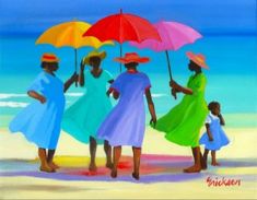 three women in colorful dresses and hats holding umbrellas on the beach by the ocean