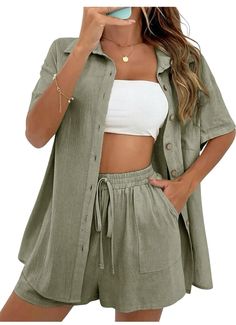 Celana Fashion, Loose Shorts, Mini Shorts, Short Sleeve Button Up, Drawstring Shorts