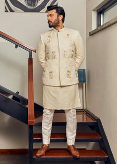 Three Piece Set. Kurta Pajama Nehru Jacket Festive Designer Nehru Jacket With Stand Collar, Bandhgala With Chikankari Embroidery For Eid, Eid Bandhgala With Chikankari Embroidery And Stand Collar, Festive Designer Kurta With Stand Collar, Designer Festive Kurta With Stand Collar, Designer Stand Collar Kurta For Festive Occasions, Designer White Nehru Jacket, Designer Bandhgala With Stand Collar For Festive Occasions, Designer Bandhgala With Zari Work And Stand Collar