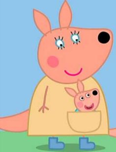 a cartoon pig holding a baby in its lap