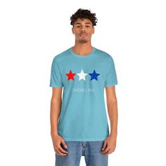 Get ready for summer. Show your Edmonds patriotic spirit with this red white and blue star design. Perfect for the beach and summer BBQs in normaltown USA - get out and Love Edmonds! This classic unisex jersey short sleeve tee fits like a well-loved favorite. Soft cotton and quality print make users fall in love with it over and over again. These t-shirts have-ribbed knit collars to bolster shaping. The shoulders have taping for better fit over time. Dual side seams hold the garment's shape for Star T Shirt, Get Ready For Summer, Star Design, Blue Star, Star Designs, Red White And Blue, Jersey Shorts, Cotton Fiber, Light Fabric