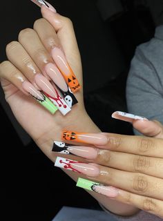 Halloween Nails Square Long, Dope Halloween Nails, Fall Nails Long Acrylic, Halloween Medium Nails, Medium Length Halloween Nails, Spooky Halloween Nails Acrylic, Holloween Nails Acrylic Long