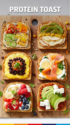 an image of sandwiches with different toppings on them and the words protein toast written in white