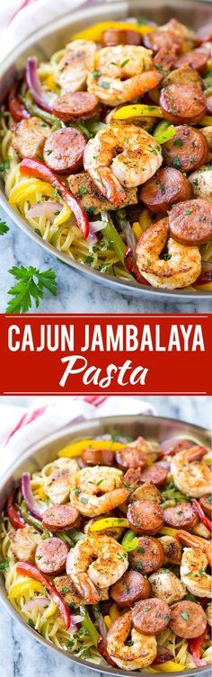 two pictures showing the process of making cajun jambaalaya pasta with shrimp and peppers