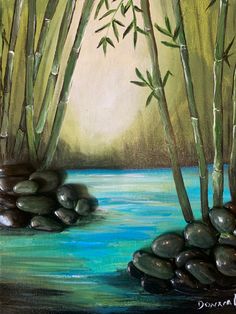 a painting of bamboo trees and rocks in the water