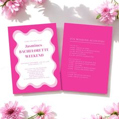 a pink wedding program with flowers on the side