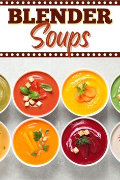 a group of bowls filled with different colored soups