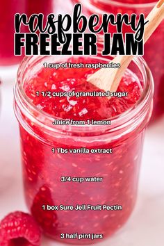 raspberry freezer jam recipe in a mason jar with instructions on how to make it