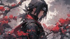 an anime character standing in front of some red flowers