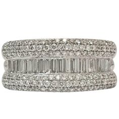 three row diamond band ring in 18k white gold with baguetts and diamonds