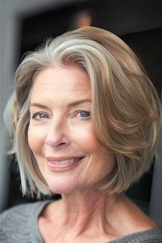 Softly Feathered Bob Hairstyle on smiling older woman with blonde brown hair. Blonde Brown Hair, Feathered Layers, Feathered Bob, Short Shag Haircuts, Gorgeous Gray Hair, Layered Bobs