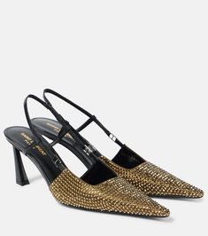 Embellished satin slingback pumps in gold - Saint Laurent | Mytheresa Ysl Heels, Mid Heels Pumps, Club Shoes, Gold Pumps, Designer Pumps, Saint Laurent Shoes, Leather Clogs, Evening Shoes, Leather Ballet Flats