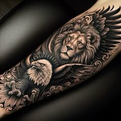 an eagle and lion tattoo design on the arm is shown in black and grey colors