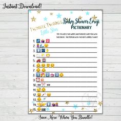 the printable baby shower game is displayed on a wooden table with stars and confetti