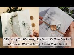 two photos with text that reads diy acrylic wedding trives vellum pocket capooi with string twine wax seals