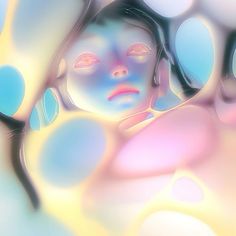 a woman's face is surrounded by bubbles in this abstract photo with blue, pink and yellow colors