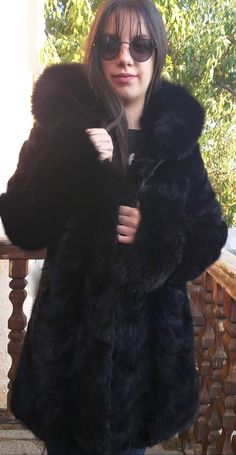 NEW,Real Beautiful Fine and Elegant Hooded Natural Black color pieces of Mink fur coat. Not sheared,slightly waisted line. Amazing Black Fox cuffs! Leather belt included. You can order it longer,shorter,or in larger sizes as well. Super soft,light,very warm! The perfect winter fur in the best quality! Order any color. You can order it with just collar or fox collar in any dimensions. You can order it in A line or classic line. Made in one of the best Greek fur factories. Wholesale- retail. No re Fluffy Mink Hooded Fur Coat, Fox Collar, Black Fox, Mink Fur Coat, Fox Fur Coat, Fur Scarf, Silver Fox, Mink Fur, Long Shorts