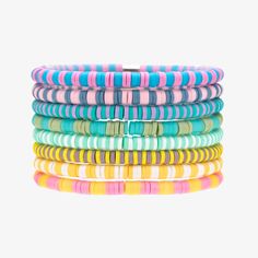 Our style motto? The bolder the better—as proven by our Vacation Vibes Bright Stretch Bracelet Set of 8. Featuring 8 individual slip-on stretch styles in vibrant summer-fun  shades, this set can be warn all together, mix and matched for your favorite combinations or shared with your friends. Each bracelet is handmade, Beaded Friendship Bracelets, Bracelets For Girls, Gold Wave Ring, Cute Friendship Bracelets, Preppy Bracelets, Bracelet Pack, Friendship Bracelets With Beads, Pura Vida Bracelets, Vacation Vibes