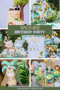 an animal themed birthday party with green and blue decorations