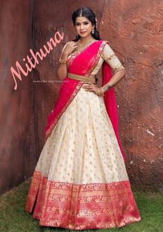 Off White Half Saree, Half Sarees For Wedding, Silk Half Saree, Sarees For Wedding, Sari Lehenga, Langa Voni, Lehenga Saree Design, Half Saree Lehenga