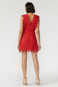 The 'Le Damion' short lace dress is the perfect answer for your next wedding or date night! The sleeveless sheath dress features a scallop lace hem and lace cap sleeves. The round neck red dress features a v-back with an invisible hook with hook and eye closure. Model is 5'8 with a 32" bust and 24" waist and is wearing a size small. Available in XS, Small, Medium, Large or XL. Available in red. 100% polyester. Fully lined. Imported. Please allow 10-14 days for delivery due to shipping demands fo Red Lace Mini Dress, Date Night Dress, Short Lace Dress, Lace Caps, Date Night Dresses, Sleeveless Sheath Dress, Lace Hem, Jeans Size Chart, Scalloped Lace