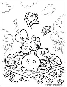 an animal coloring page for kids with animals in the grass and hearts flying above them