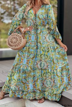 Katy Key - Green Paisley Printed Maxi Dress with Lovely Ruffle Trims Beautiful Long Dresses, Green Paisley, Elegant Maxi Dress, Wardrobe Update, Grass Green, Paisley Design, Paisley Pattern, Flowing Maxi Dress, Elegant Dress