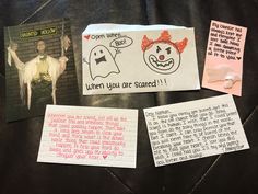 several pieces of paper taped to the back of a jacket with pictures and notes attached