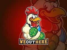 a rooster holding a piece of broccoli with the words weut here on it