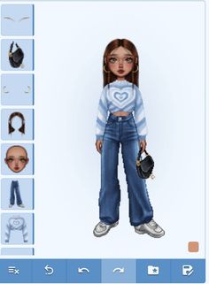 the girl is wearing jeans and holding a purse in front of her face, with several different hair styles